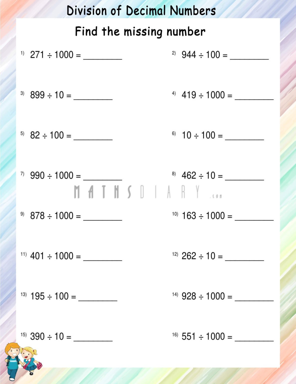 Find the missing number in division of decimals - Math Worksheets ...