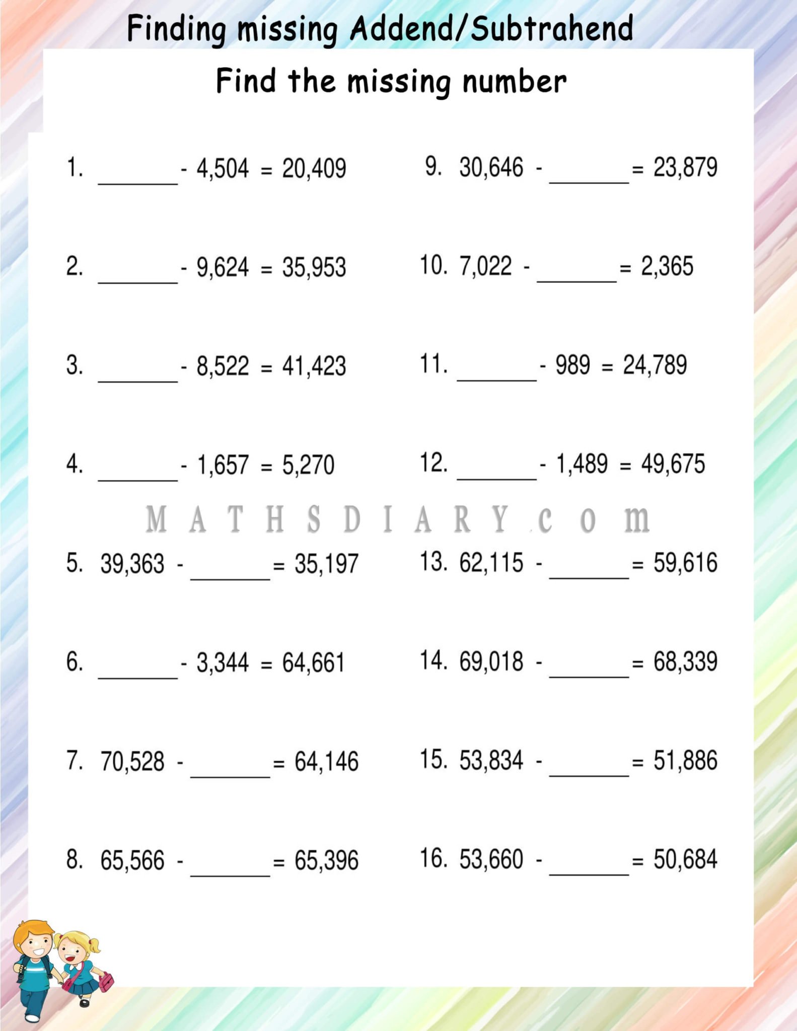 Finding Subtrahends worksheets - Math Worksheets - MathsDiary.com