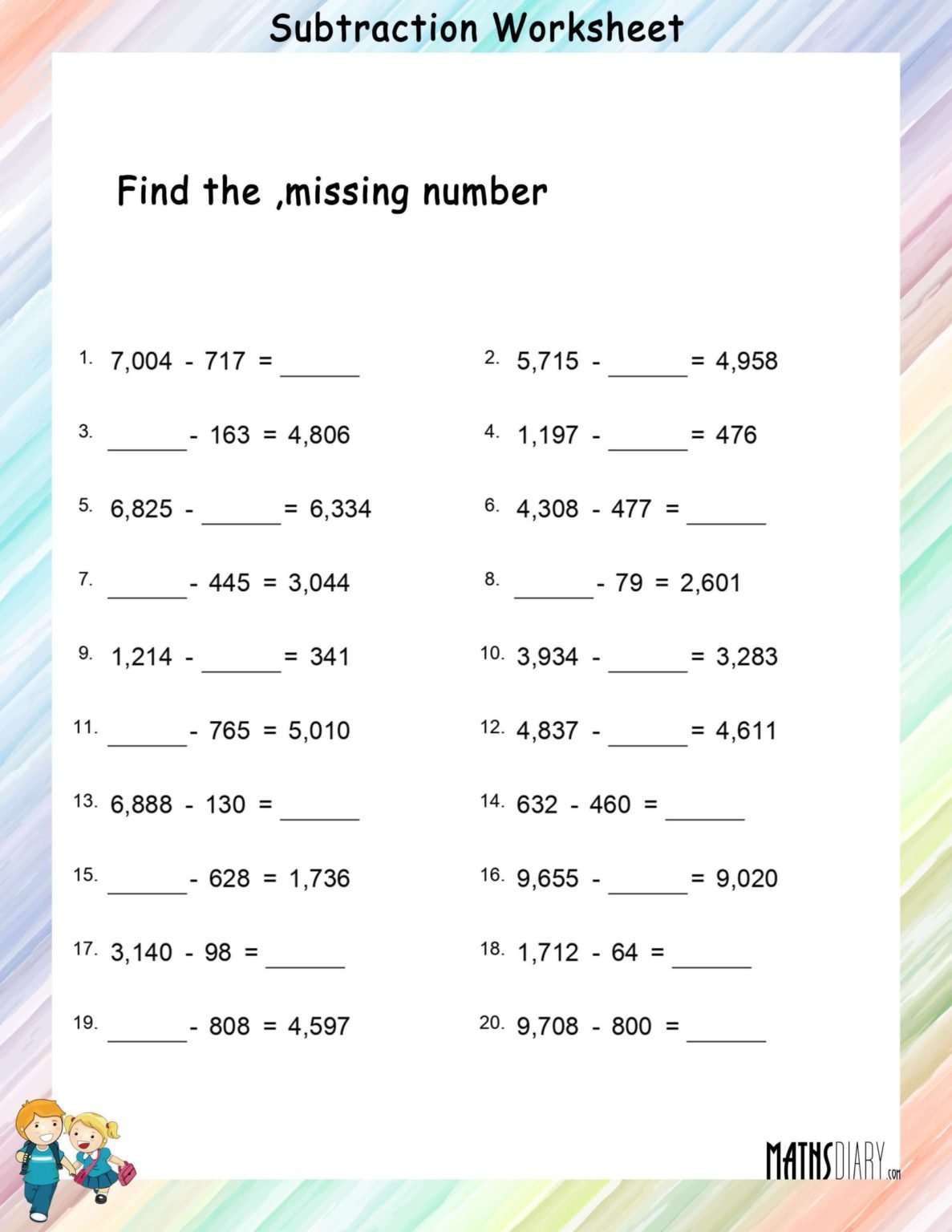 Find the missing number subtraction worksheets - Math Worksheets ...