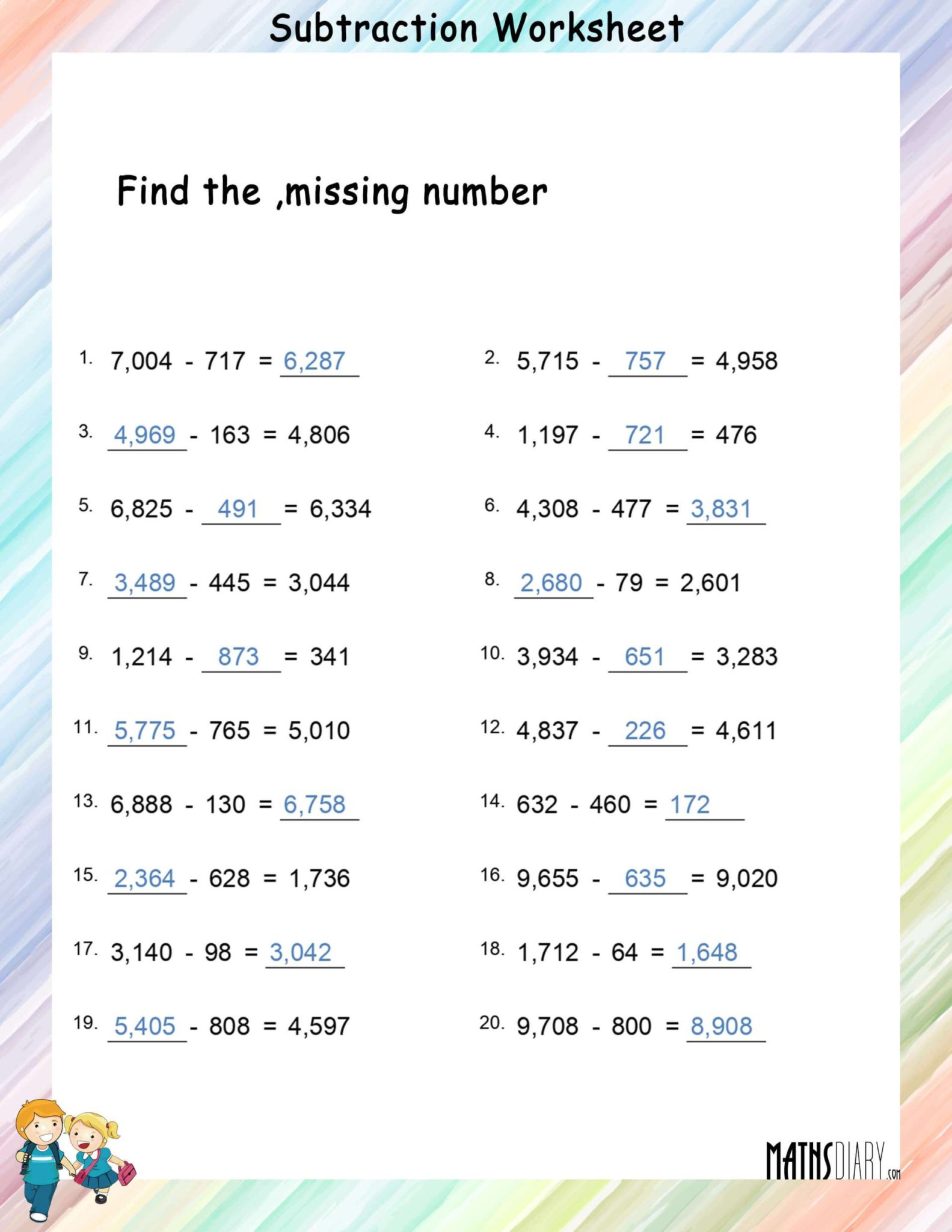 Find The Missing Number Subtraction Worksheets Math Worksheets 