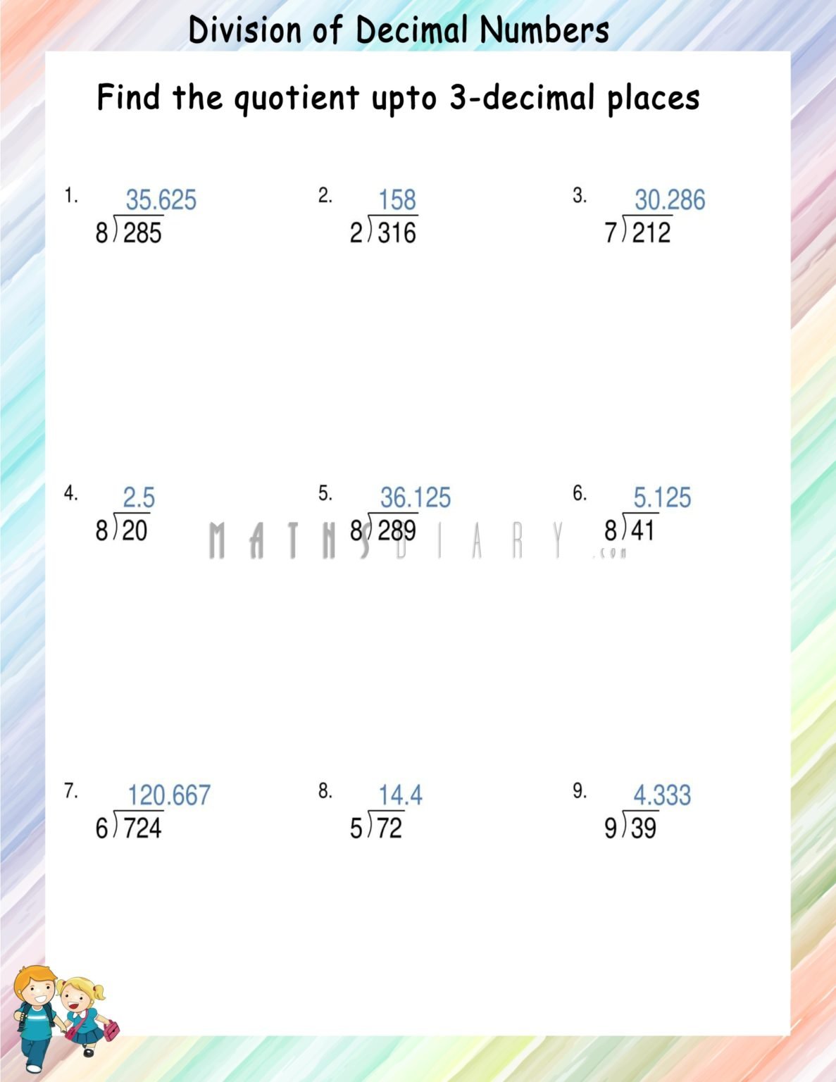 Find the quotient upto 3-decimal places - Math Worksheets - MathsDiary.com