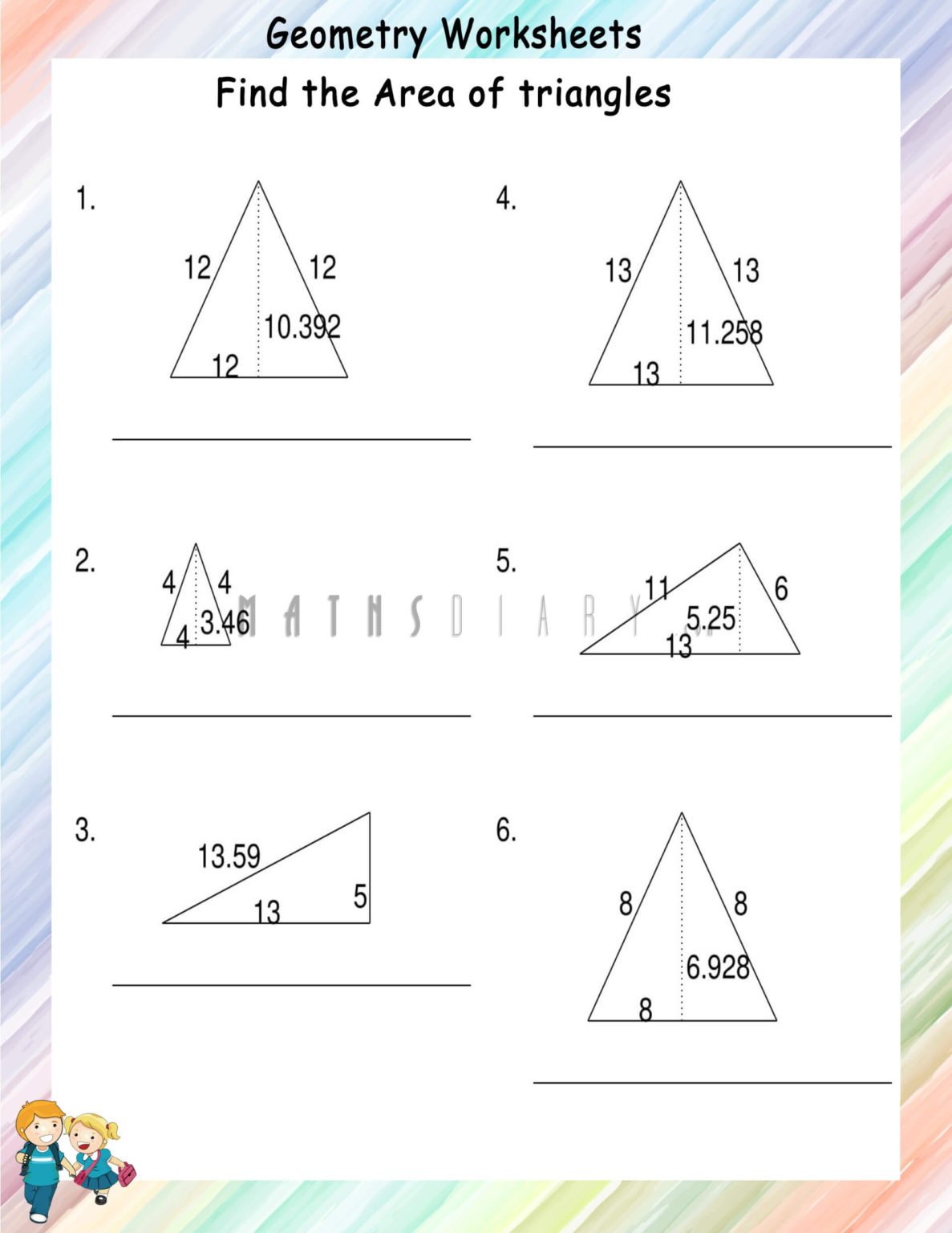 Find the area of triangles worksheets - Math Worksheets - MathsDiary.com