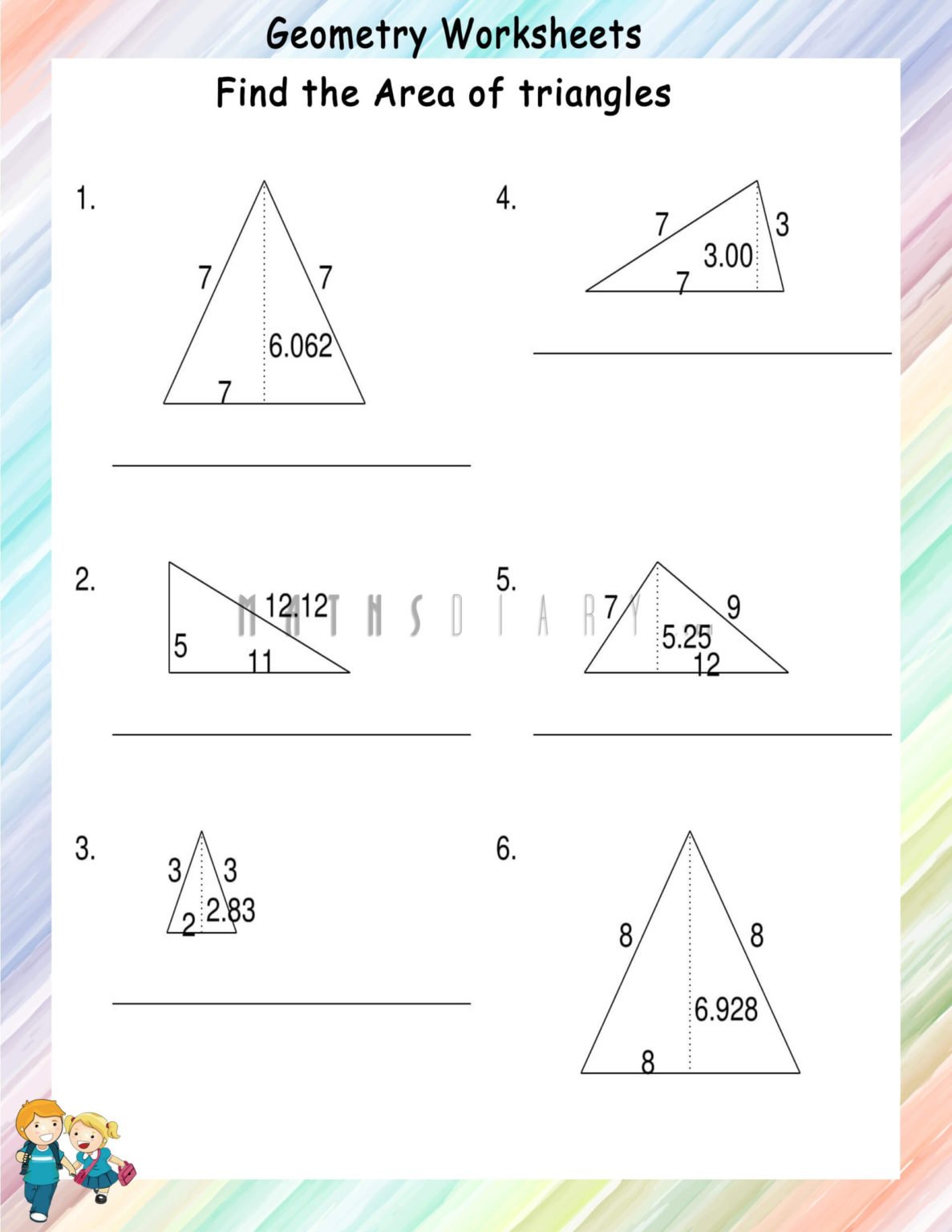 Find the area of triangles worksheets - Math Worksheets - MathsDiary.com