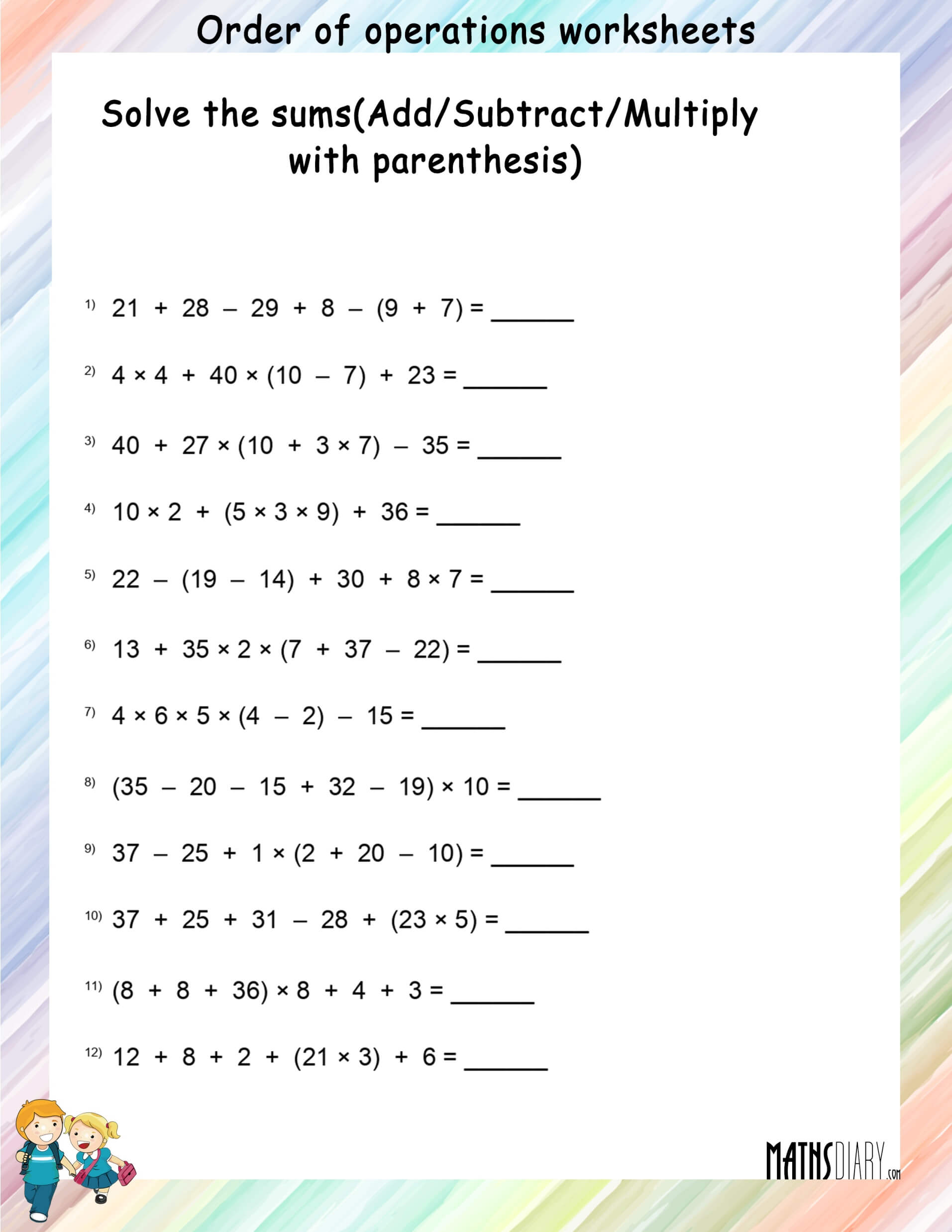 Grade 6 Math Order Of Operations Worksheet