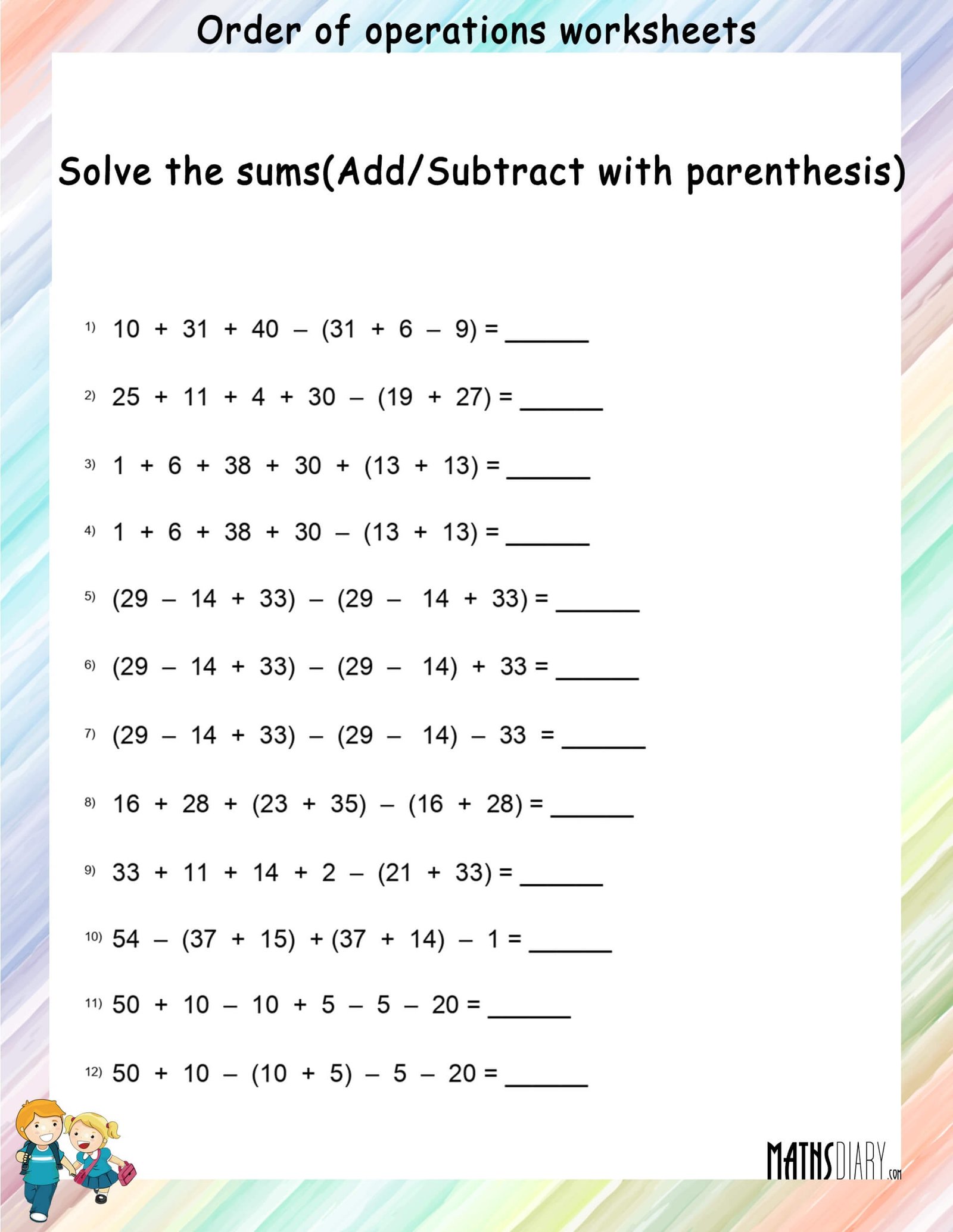 Fundamental Operations Order Of Operations Worksheets Math 