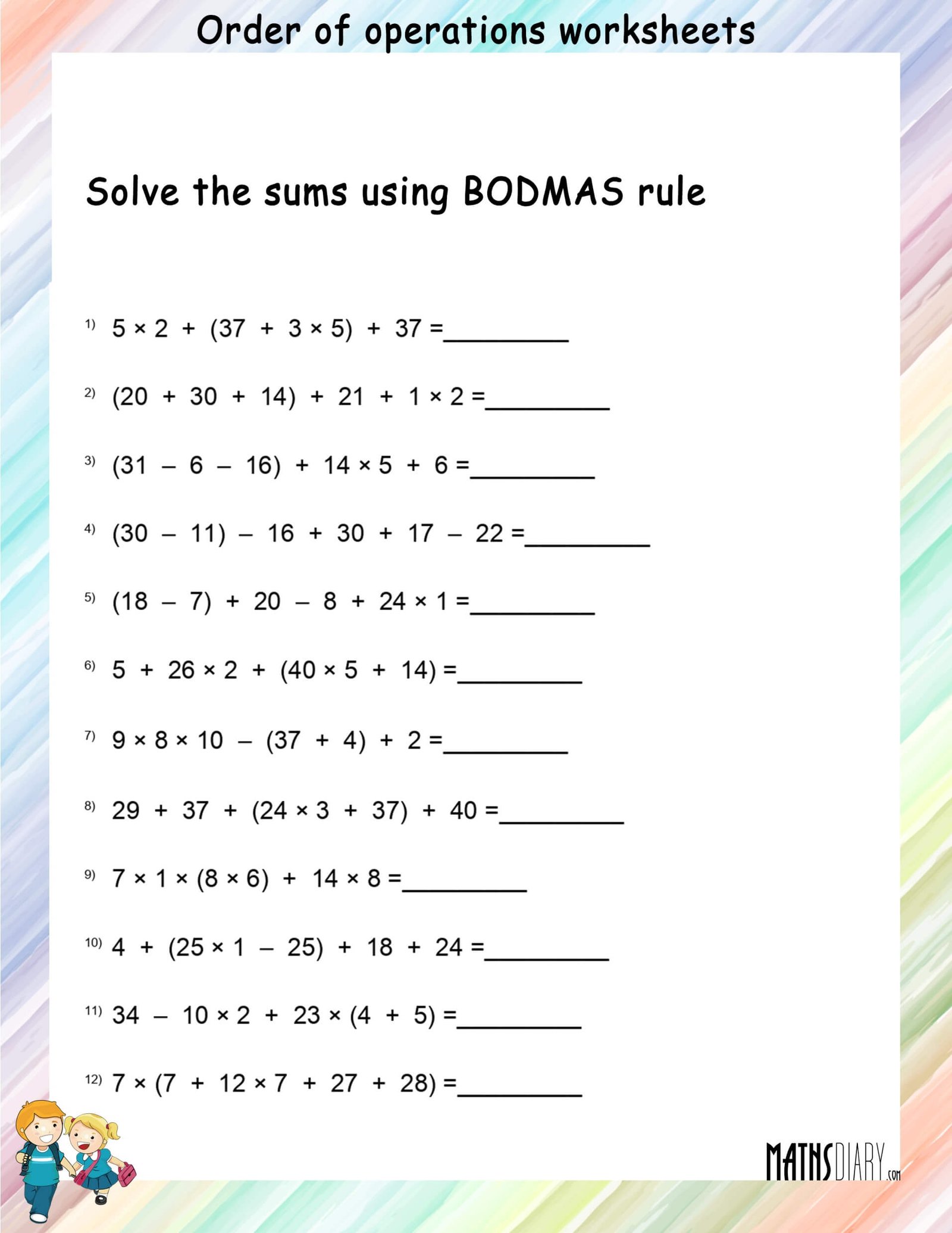 Grade 5 Pemdas Worksheets K5 Learning Order Of Operations Worksheets 