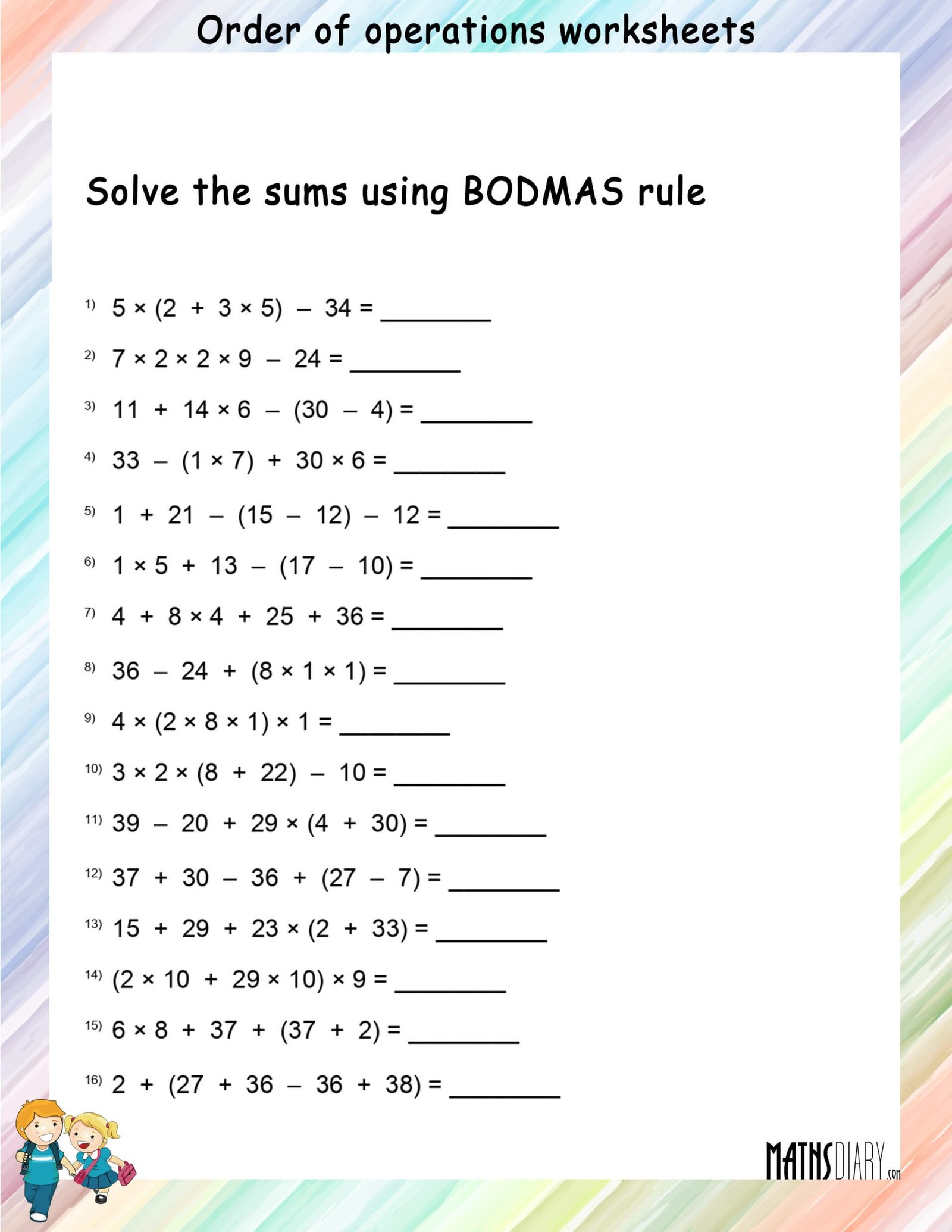 4th Grade Order Of Operations Worksheets K5 Learning Order Of Operation Worksheets Grade 4