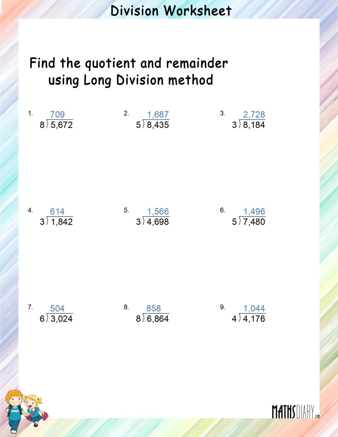 Long Division method by 1 digit number worksheets - Math Worksheets ...