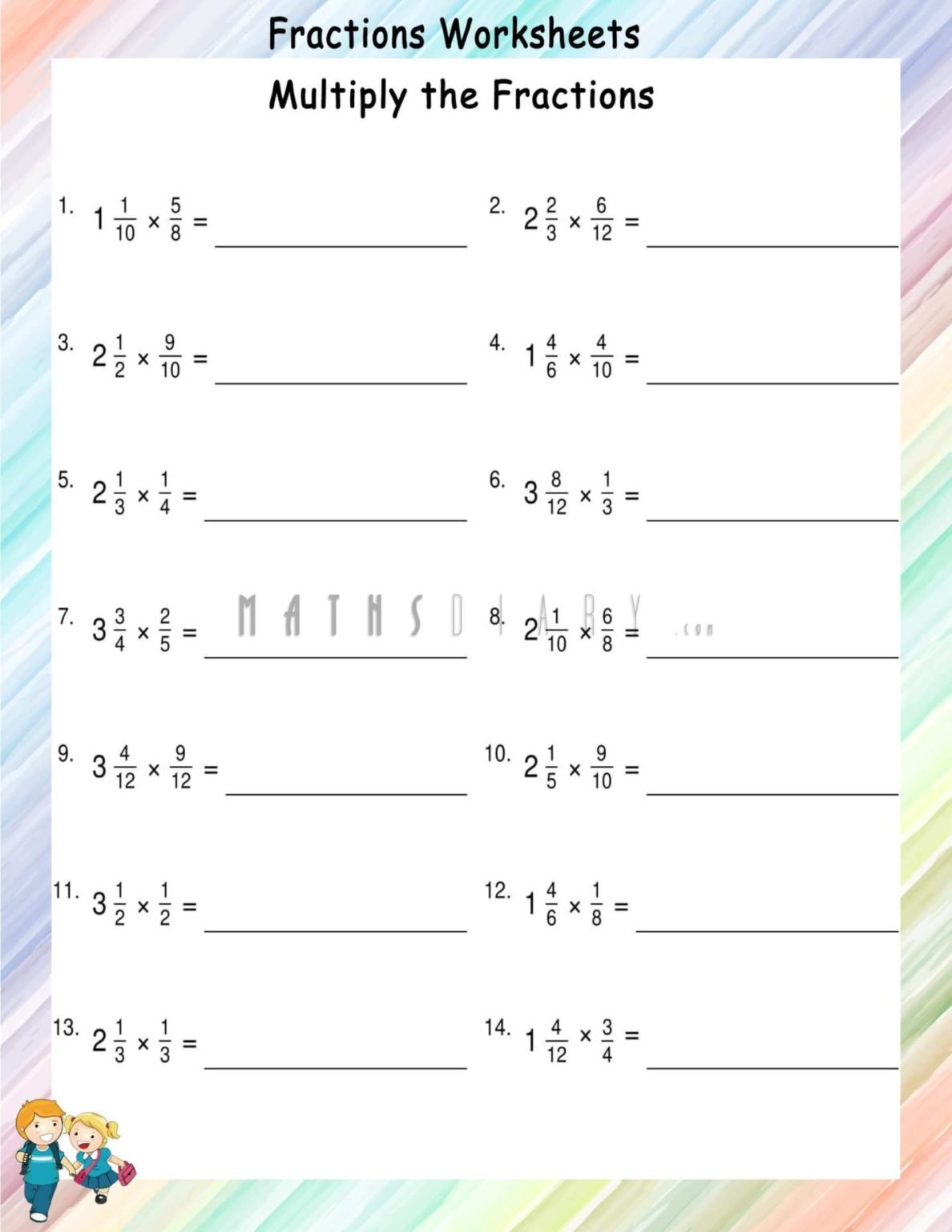 Multiplication of proper fractions by mixed fractions worksheets - Math ...