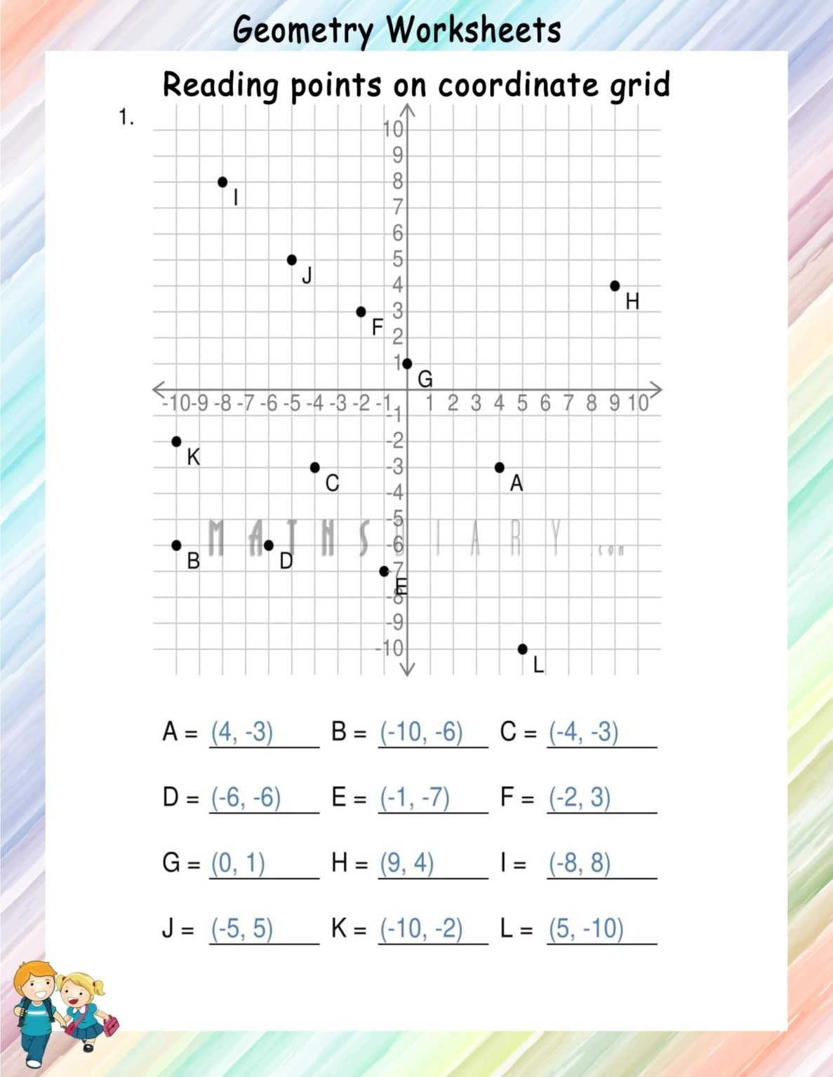 Reading points from four quadrants - Math Worksheets - MathsDiary.com