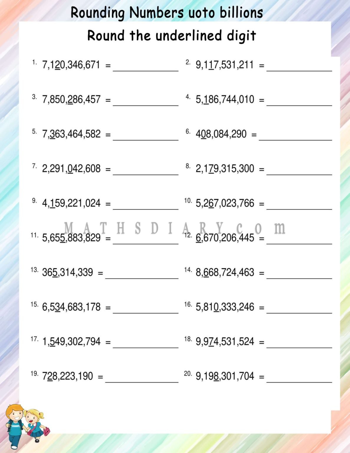 Rounding Numbers Upto Billions - Math Worksheets - Mathsdiary.com