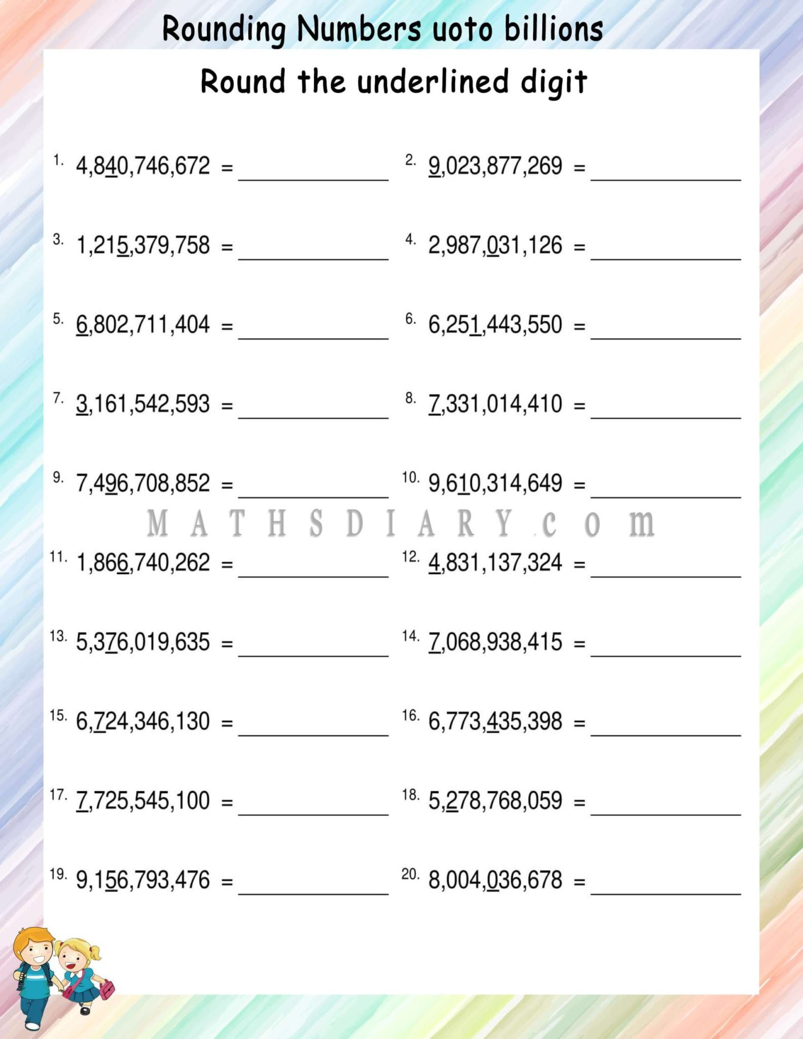 Rounding Numbers upto billions - Math Worksheets - MathsDiary.com