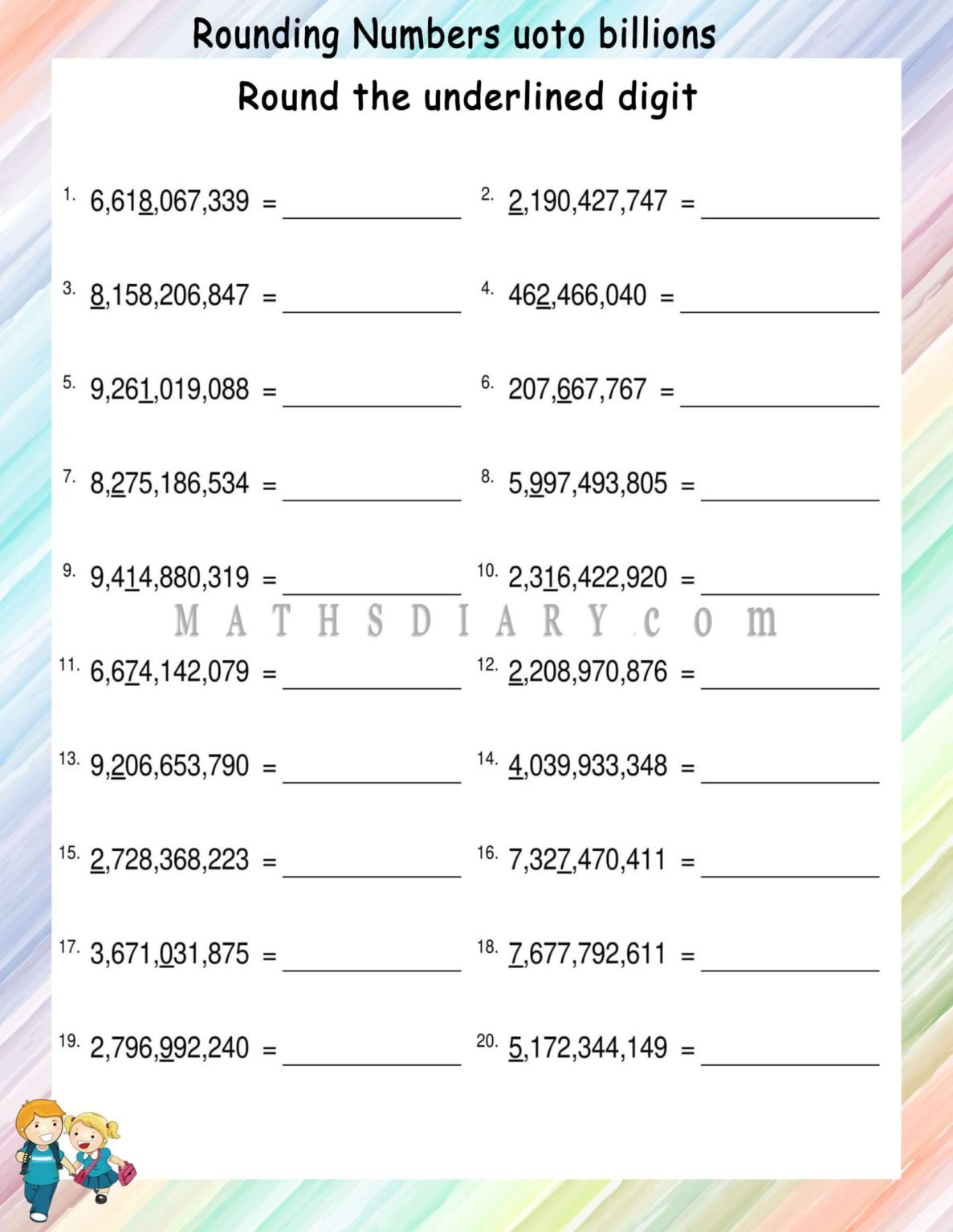 Rounding Numbers upto billions - Math Worksheets - MathsDiary.com