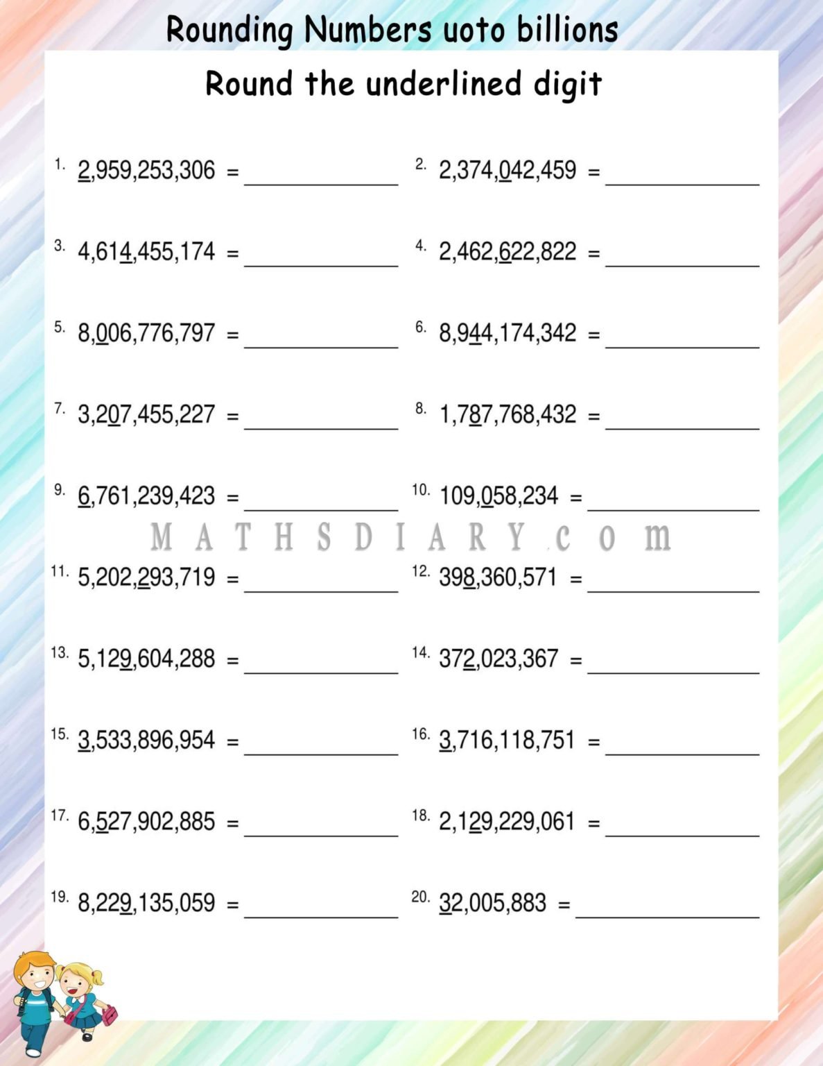 Rounding Numbers Upto Billions - Math Worksheets - Mathsdiary.com