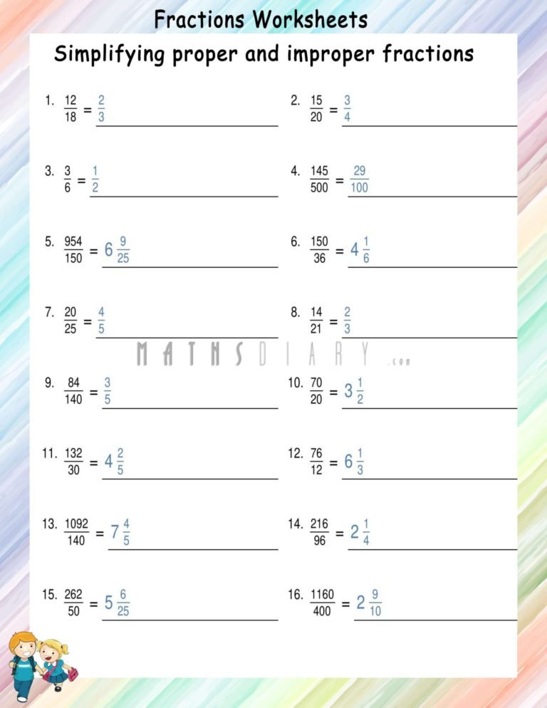 Simplifying proper and improper fraction - Math Worksheets - MathsDiary.com