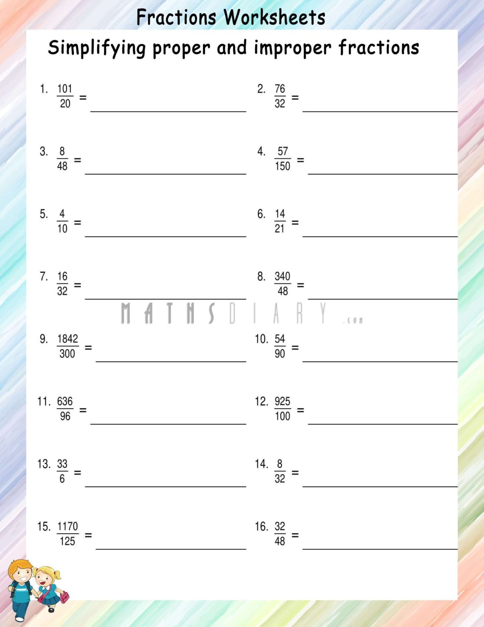 Simplifying Proper And Improper Fraction Math Worksheets