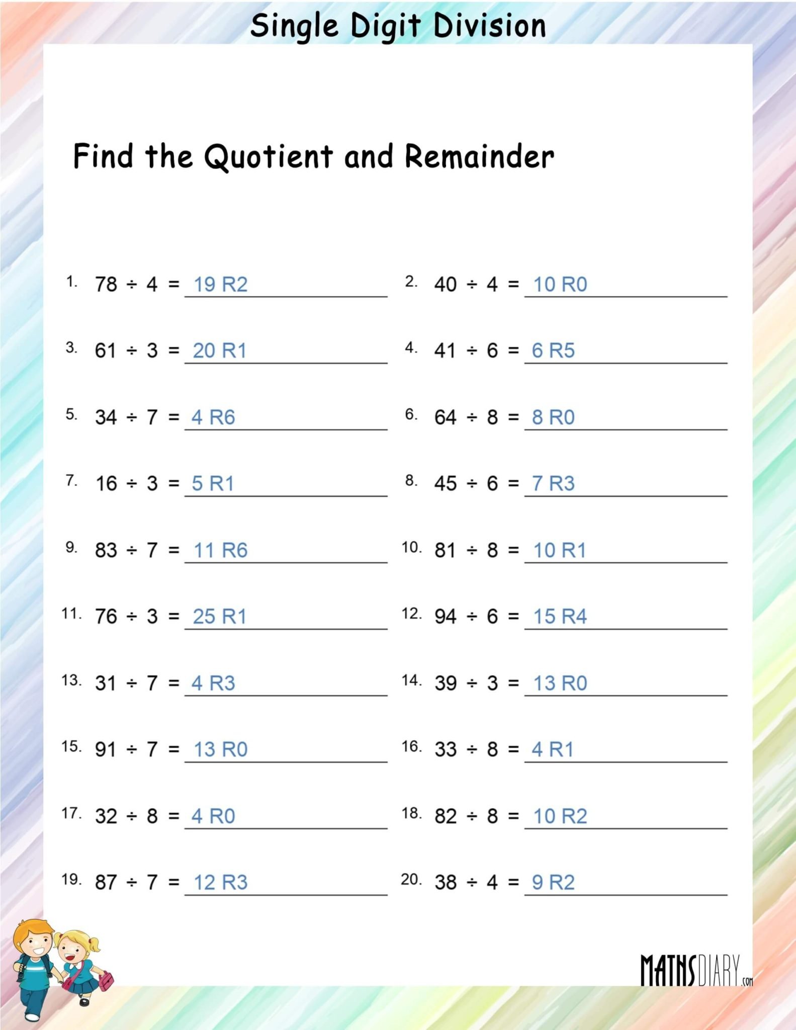 Single Digit Division Worksheets - Math Worksheets - MathsDiary.com