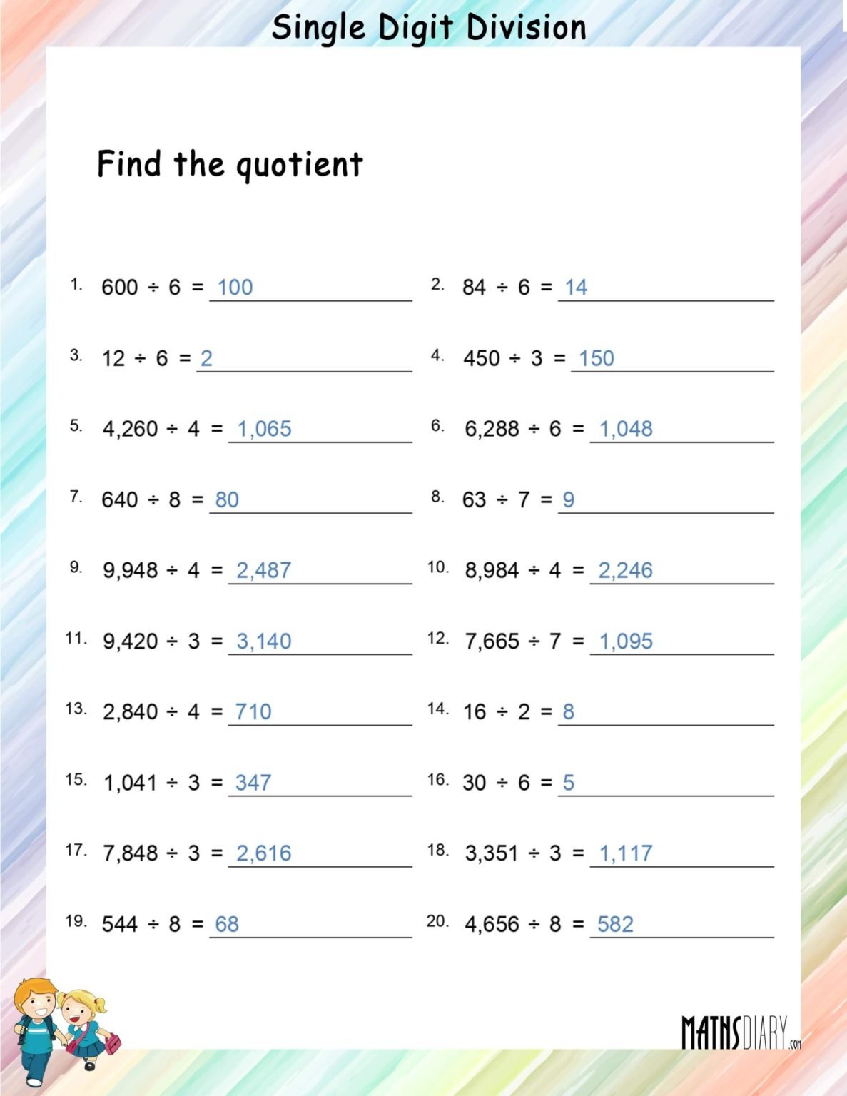 Single Digit Division without remainder Worksheets - Math Worksheets ...