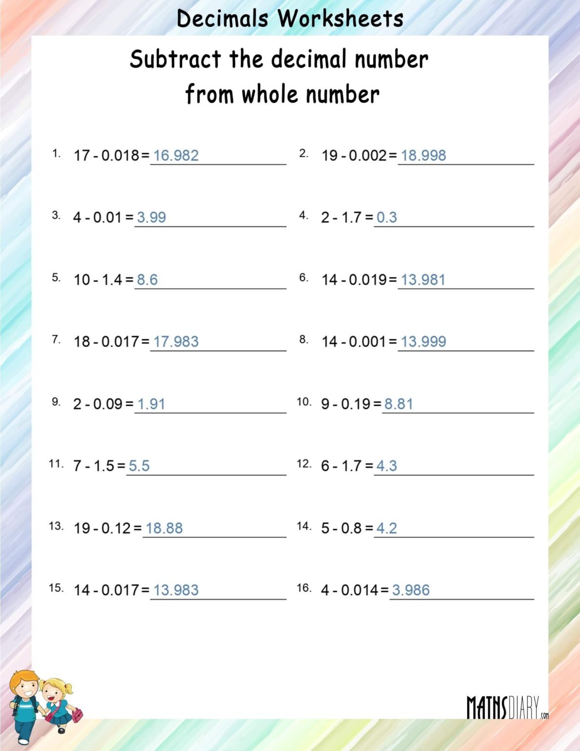 Subtract the decimal number from the whole number - Math Worksheets ...