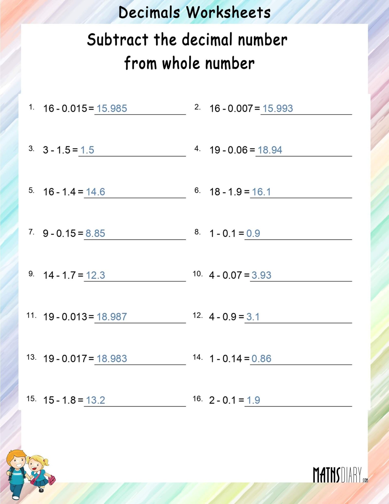 Subtract The Decimal Number From The Whole Number Math Worksheets 