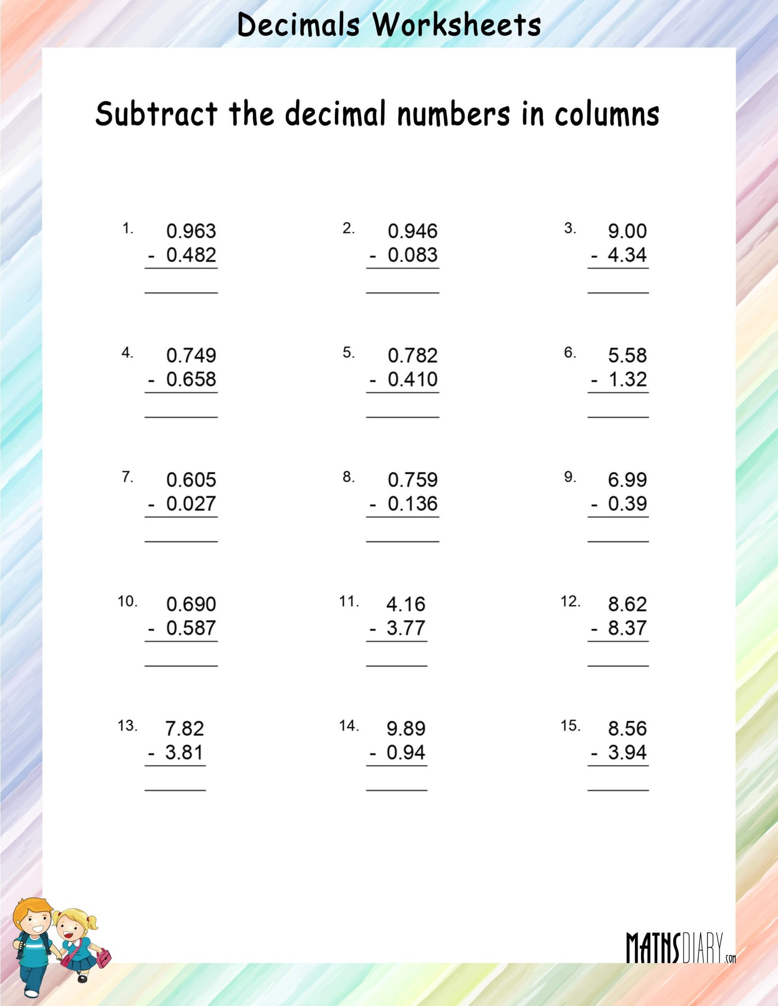 Subtraction of Decimal Numbers in Columns - Math Worksheets ...