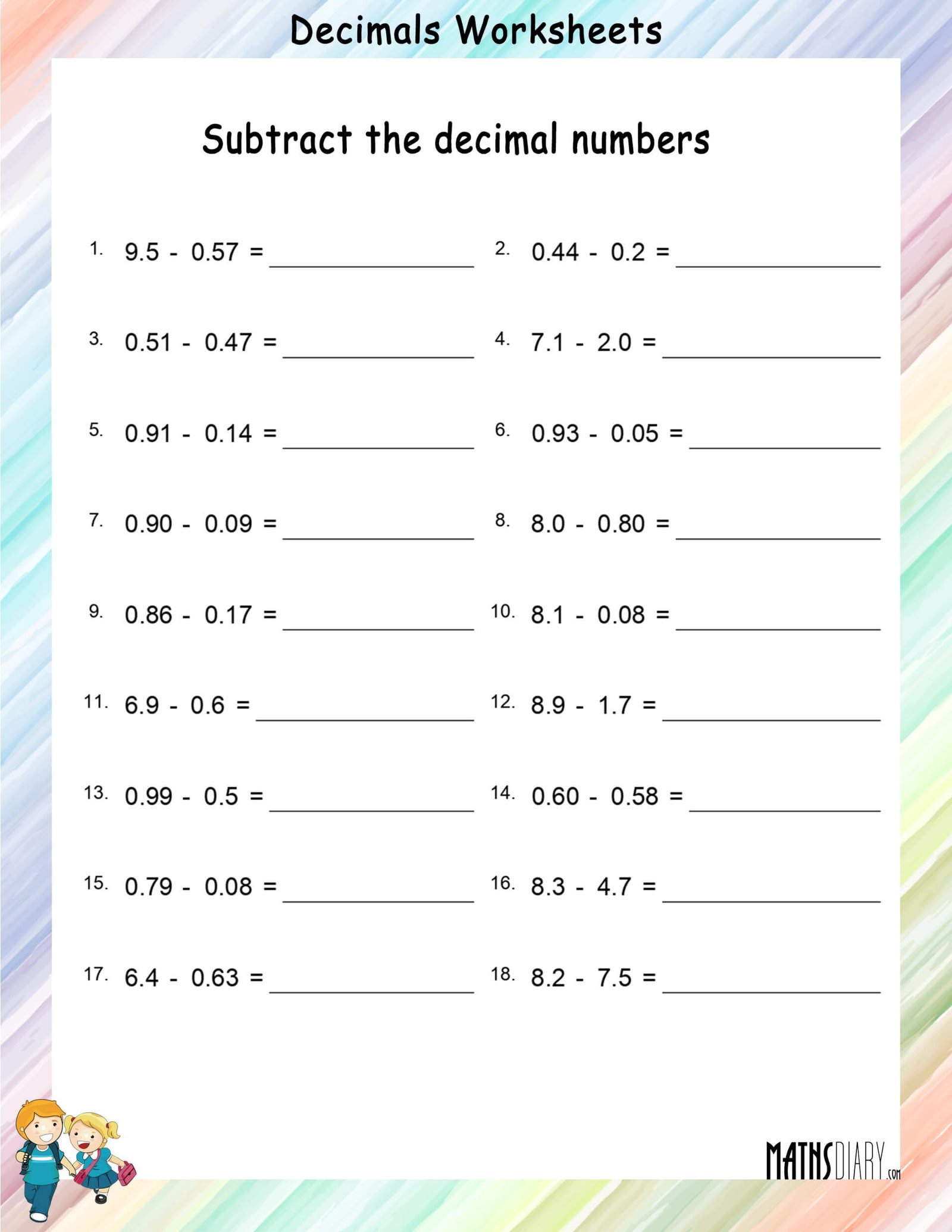 Subtraction Of Decimal Numbers Math Worksheets MathsDiary