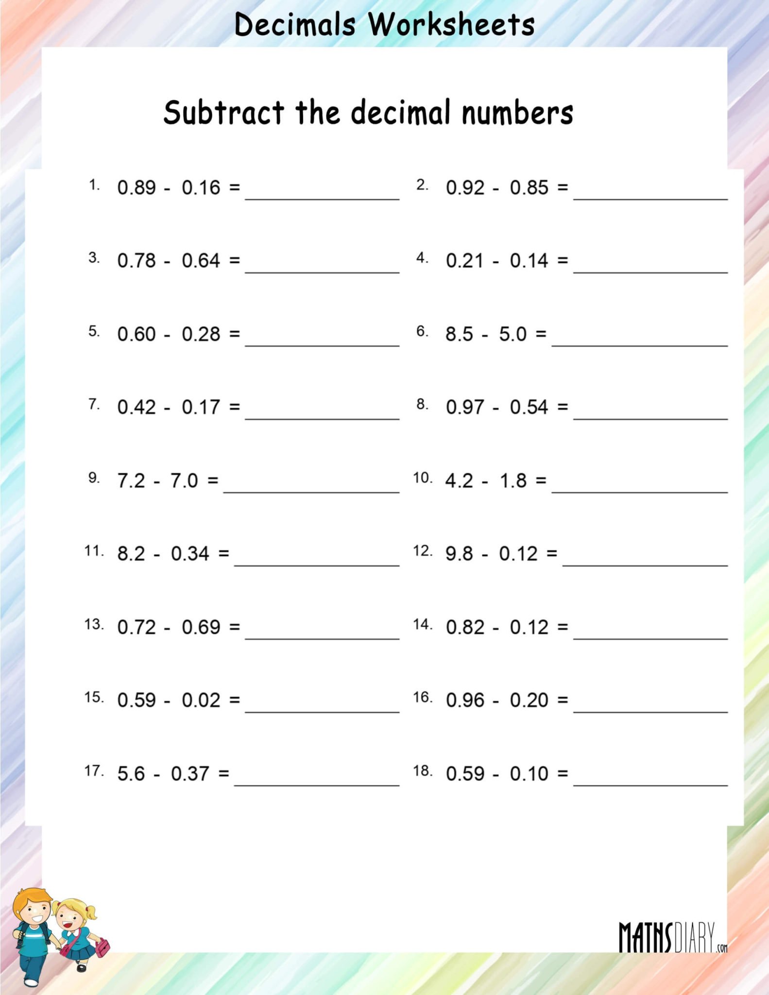 Subtraction of Decimal numbers - Math Worksheets - MathsDiary.com