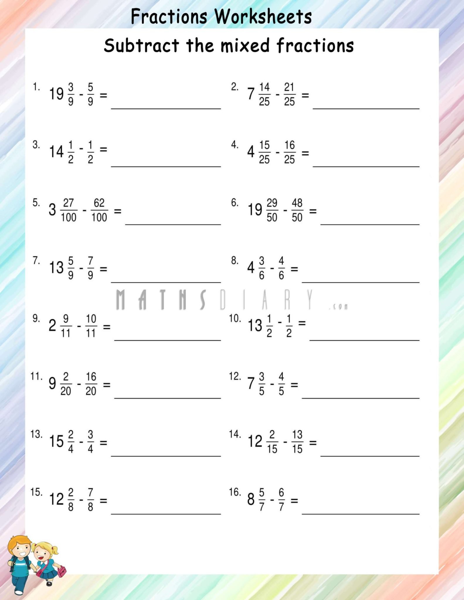 Subtract the mixed fractions - Math Worksheets - MathsDiary.com