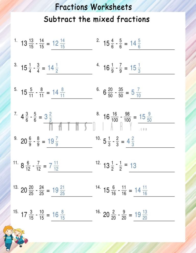 Subtract the mixed fractions - Math Worksheets - MathsDiary.com