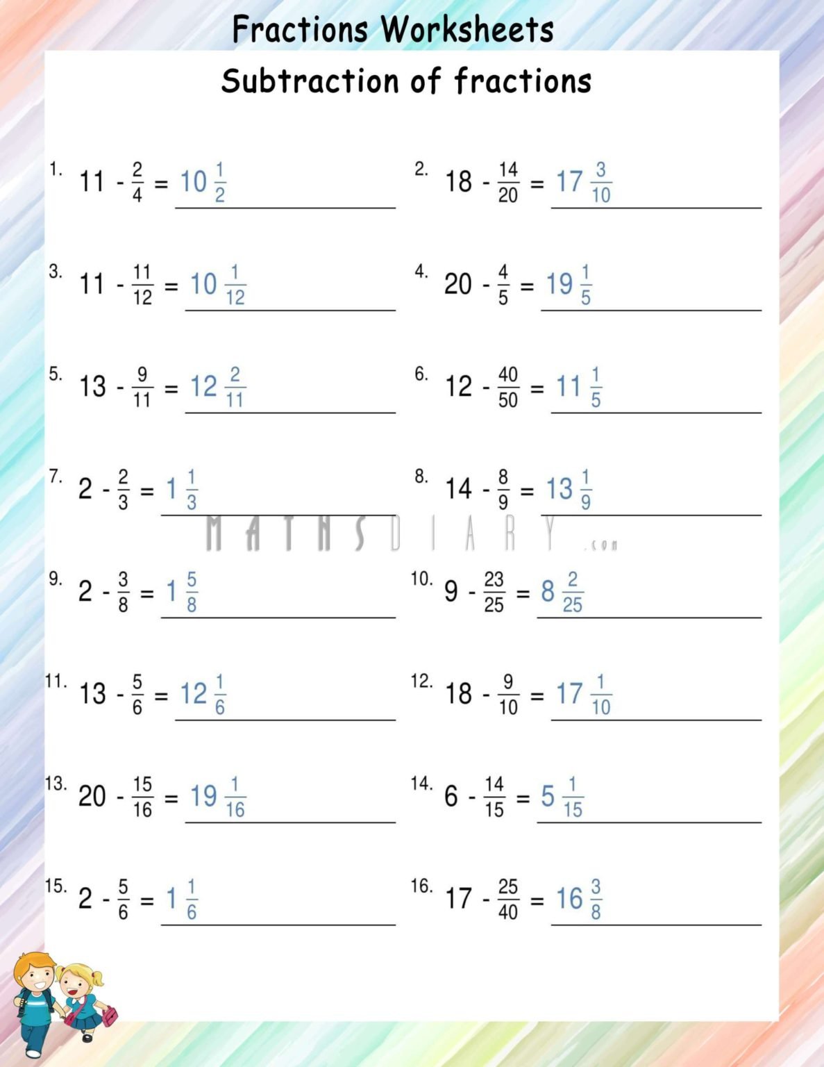 Subtracting fractions from whole numbers - Math Worksheets - MathsDiary.com