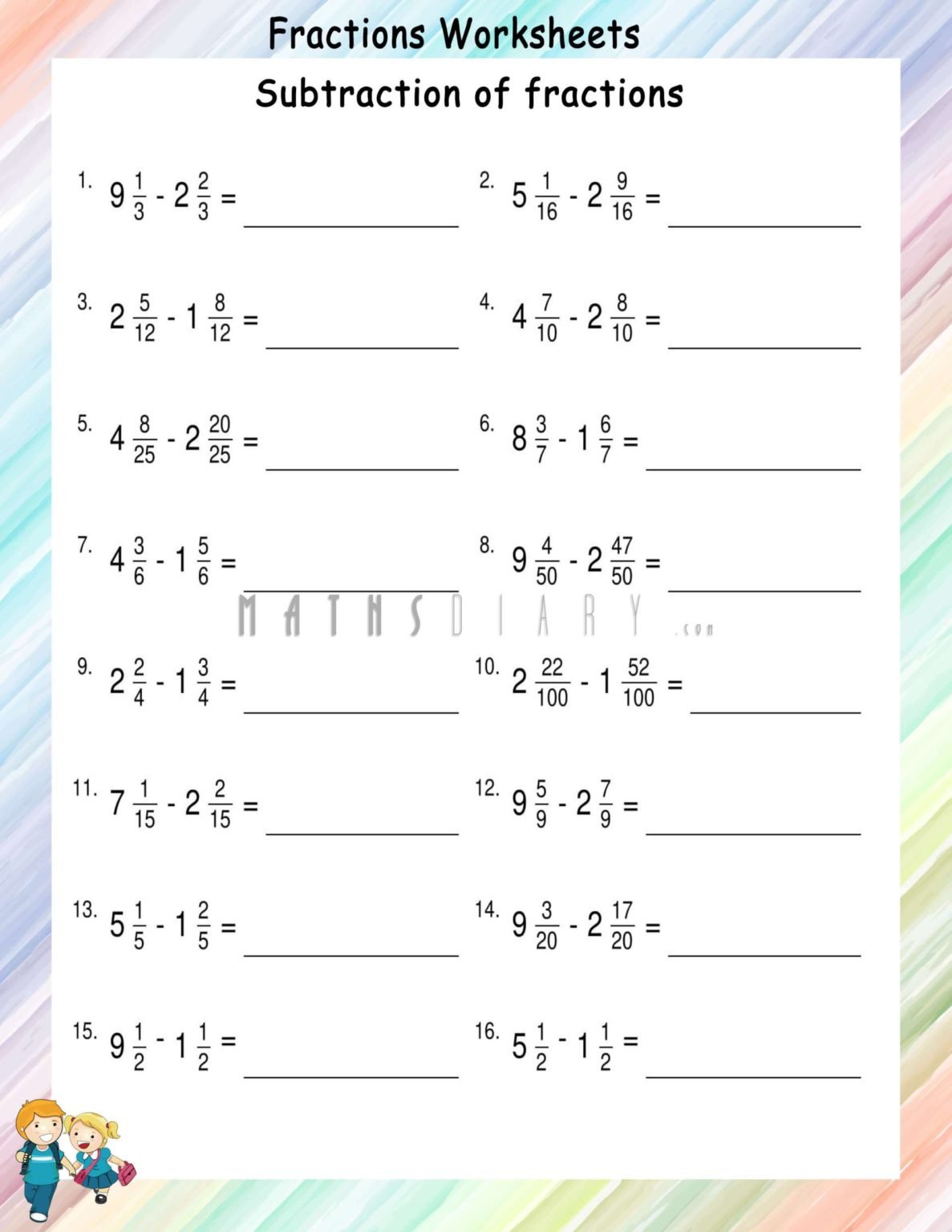 Subtraction of mixed like fractions - Math Worksheets - MathsDiary.com