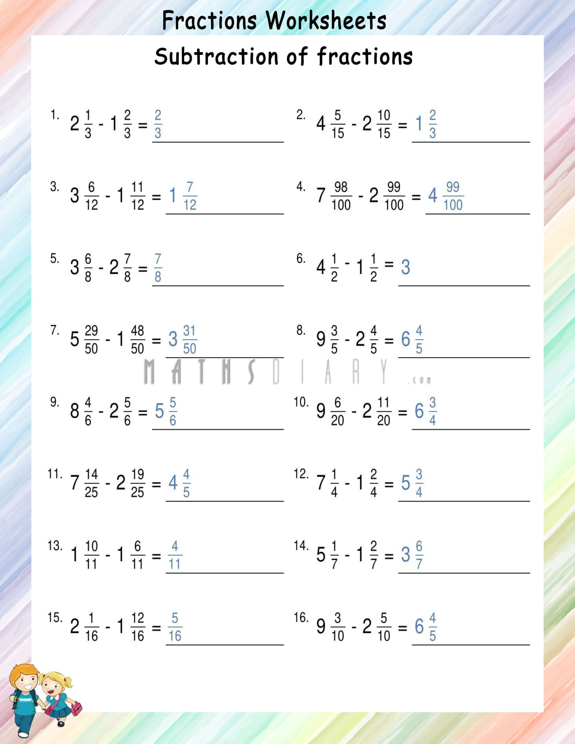 Subtraction of mixed like fractions - Math Worksheets - MathsDiary.com