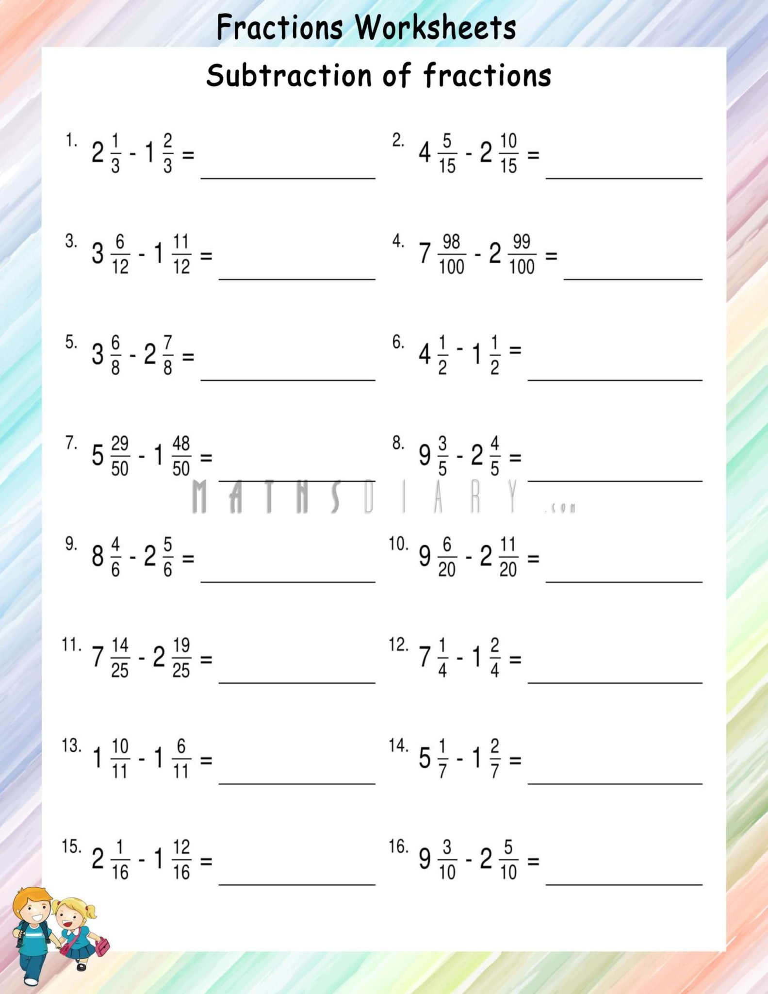 Subtraction of mixed like fractions - Math Worksheets - MathsDiary.com