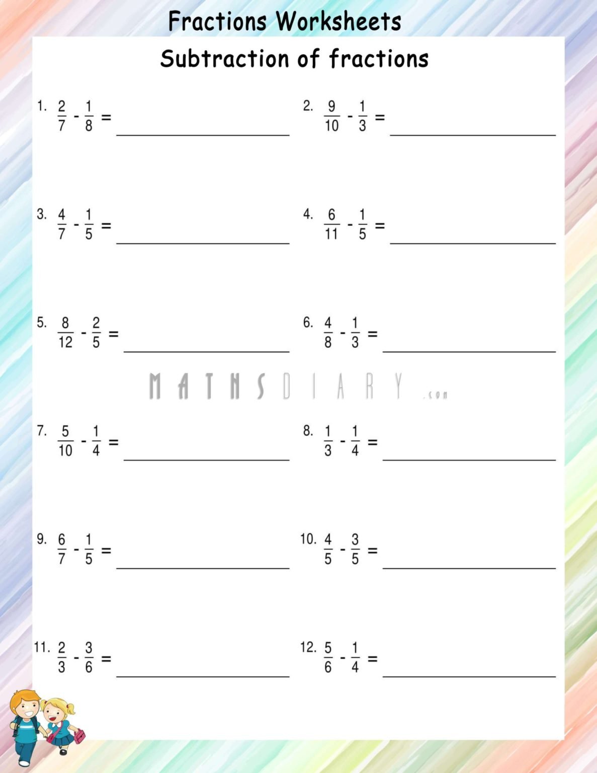 Subtracting unlike fractions worksheets - Math Worksheets - MathsDiary.com