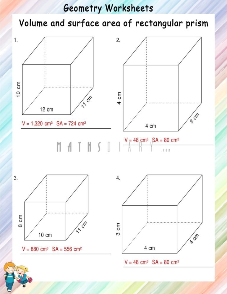 Volume and surface area of rectangular prisms - Math Worksheets ...