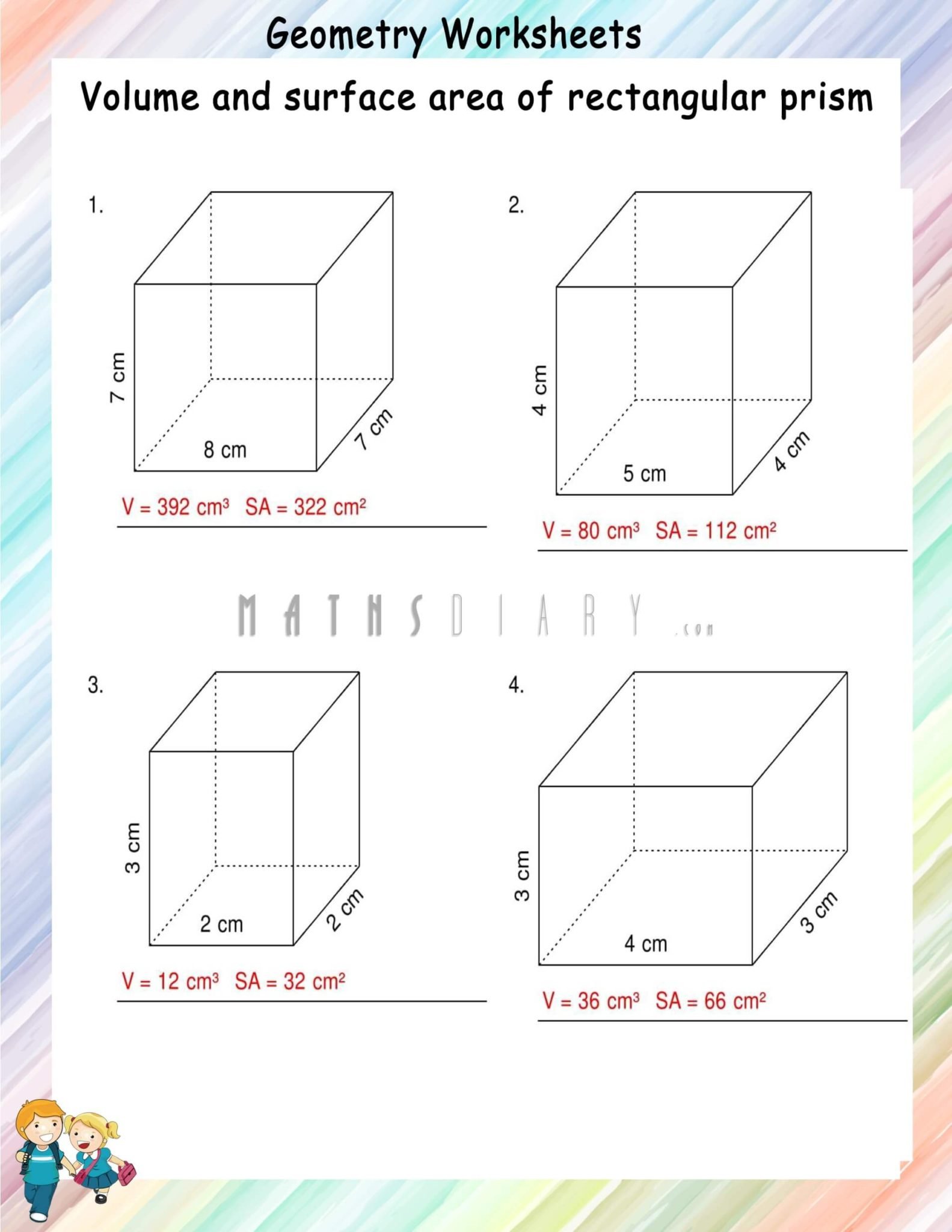 Volume and surface area of rectangular prisms - Math Worksheets ...