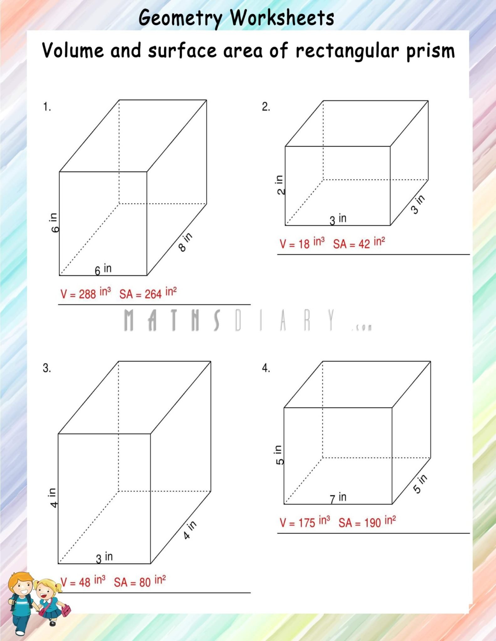 Volume and surface area of rectangular prisms - Math Worksheets ...