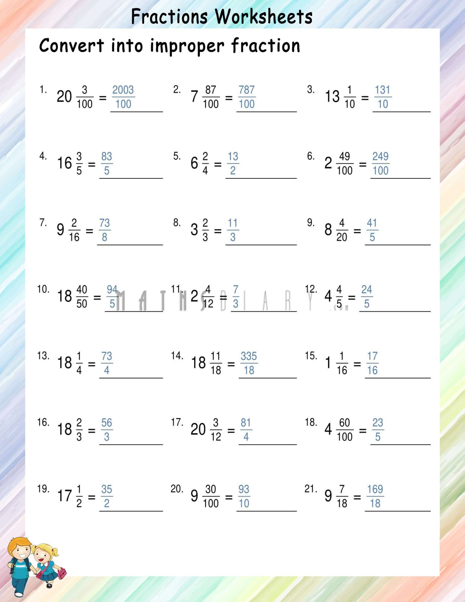 Conversion Of Mixed Numbers To Improper Fractions Worksheets Math 