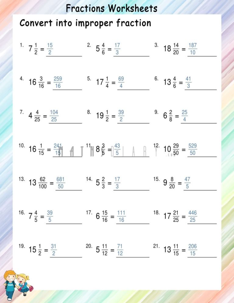 Conversion of mixed numbers to improper fractions worksheets - Math ...