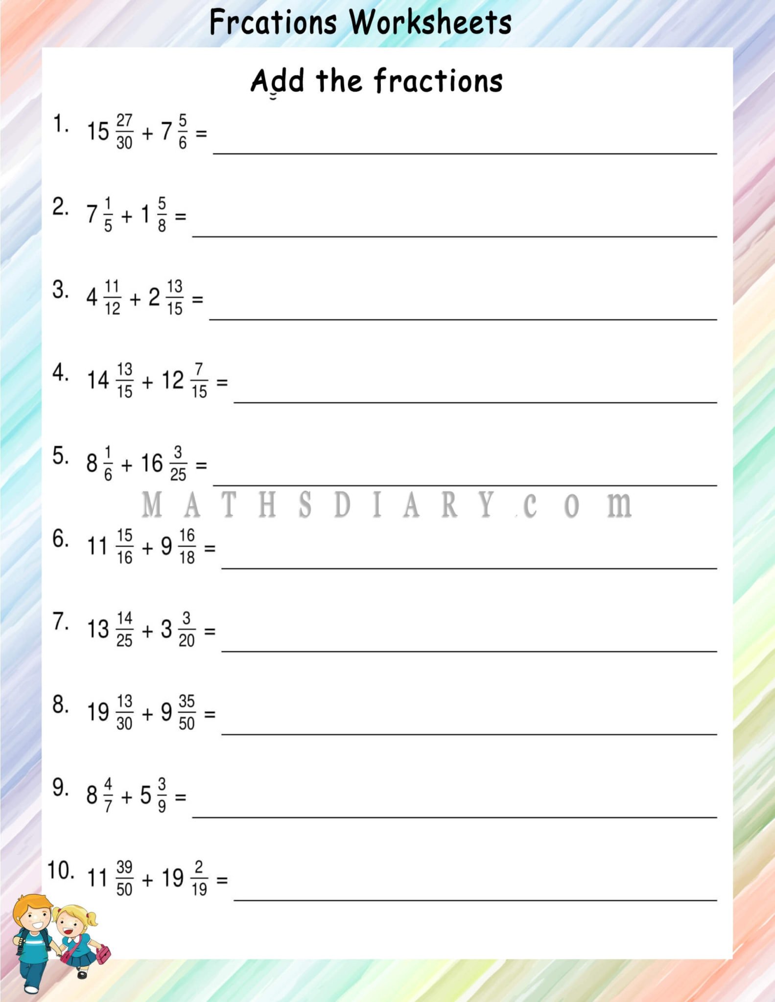 Addition of mixed fractions worksheets - Math Worksheets - MathsDiary.com