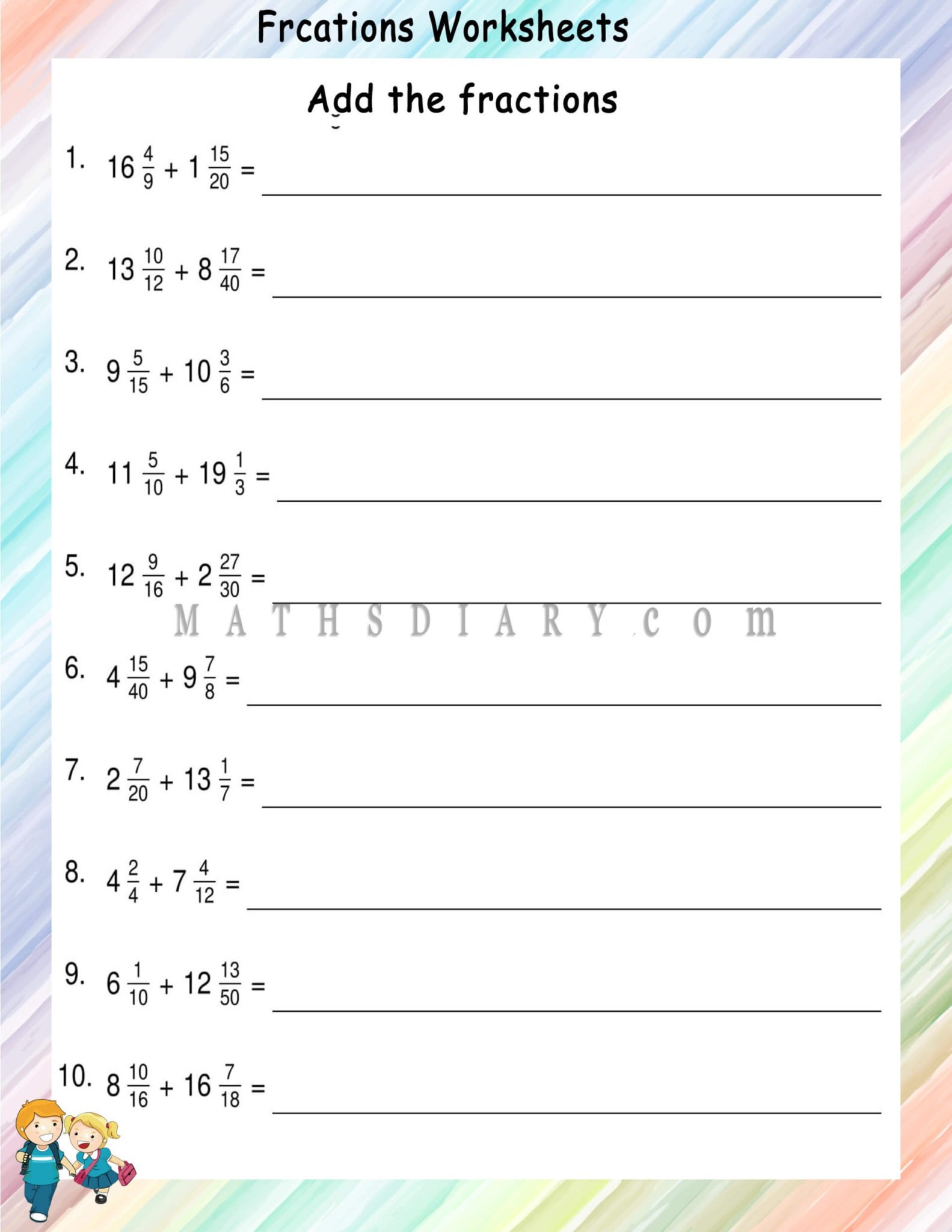 Addition of mixed fractions worksheets - Math Worksheets - MathsDiary.com