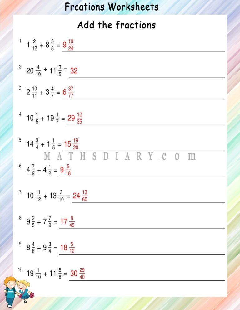 Addition of mixed fractions worksheets - Math Worksheets - MathsDiary.com