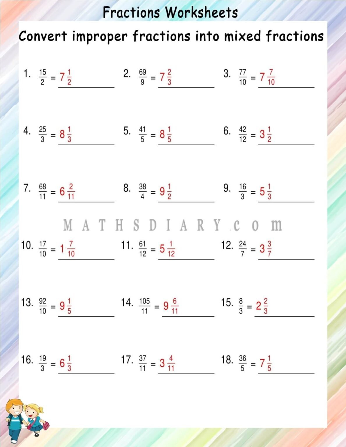 Convert Improper fractions to mixed fractions worksheets - Math ...