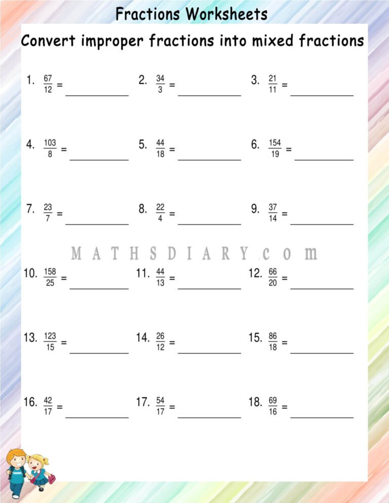 Convert Improper fractions to mixed fractions worksheets - Math ...