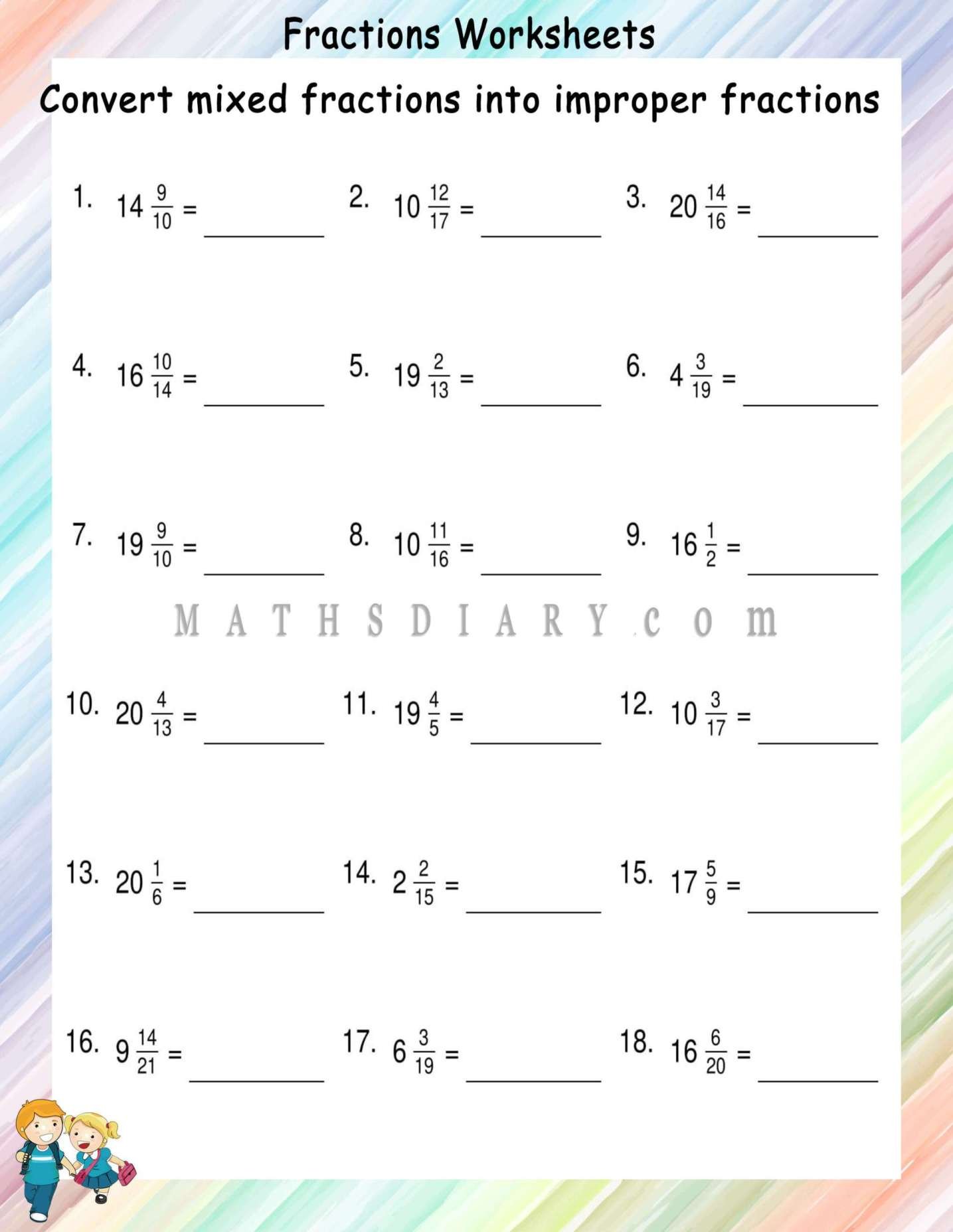 Convert Mixed Fractions To Improper Fractions Worksheets Math 