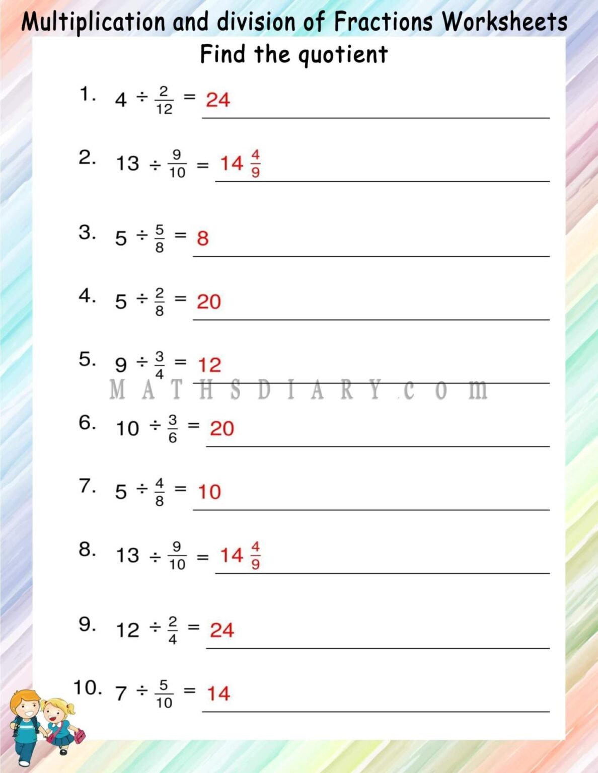 Dividing whole number by fractions worksheets - Math Worksheets ...