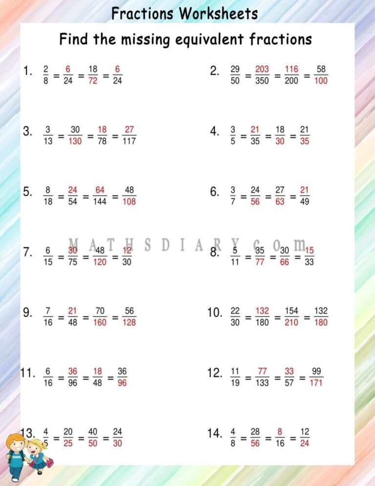 Find missing equivalent fractions in 3 fractions - Math Worksheets ...