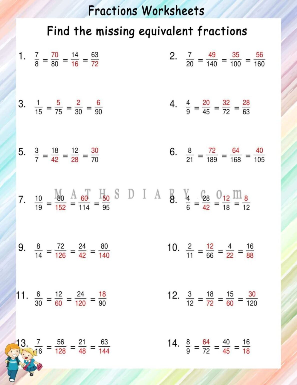 Find missing equivalent fractions in 3 fractions - Math Worksheets ...