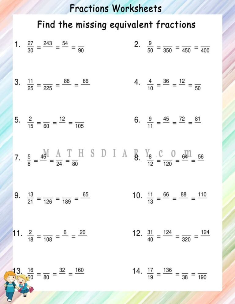 Find missing equivalent fractions in 3 fractions - Math Worksheets ...