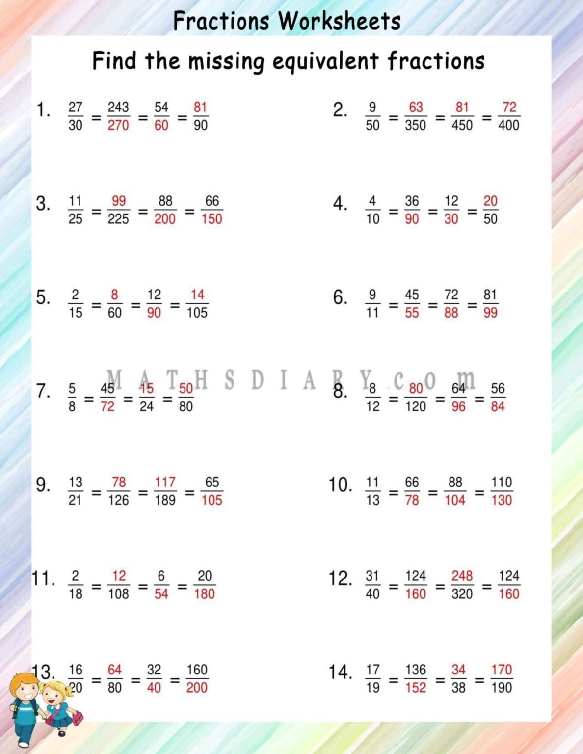 Find missing equivalent fractions in 3 fractions - Math Worksheets ...